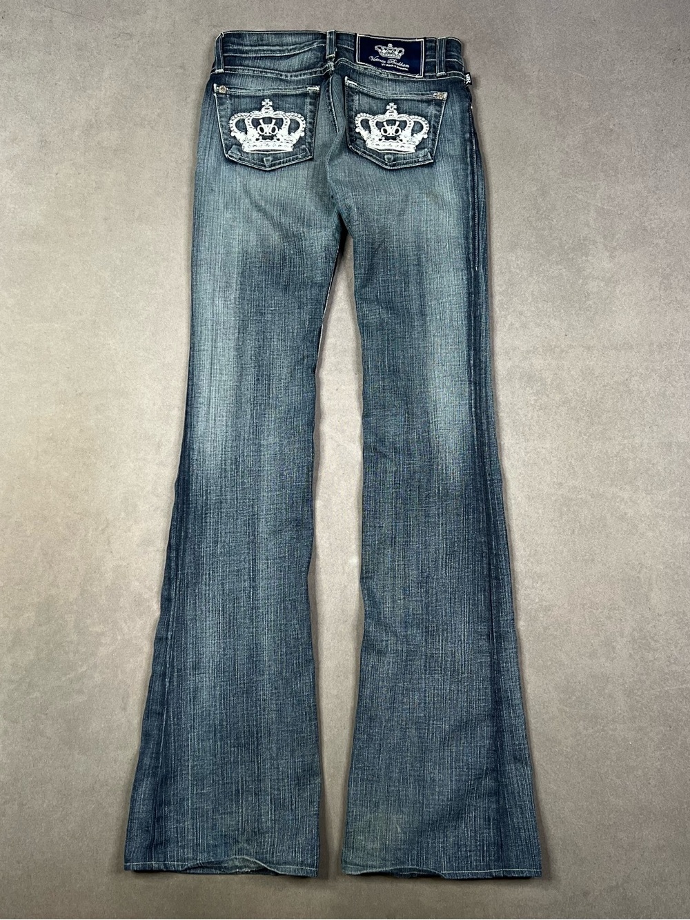 Victoria Beckham Blue Embroidered Crown Flare Low Rise Jeans Y2K